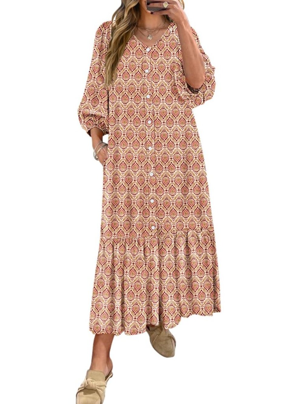 Womens Boho Floral 3/4 Puff Sleeve Fall Maxi Dress